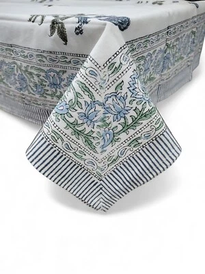 Indian Hand block Print Tablecloth 100%Cotton Floral Rectangular 60*90Inch White - Image 1 of 4