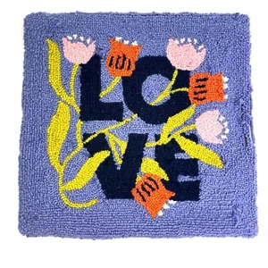 Love Floral Pillow Purple Hooked Yarn  16"" Square Peking Handicraft BOHO Hippie - Picture 1 of 10