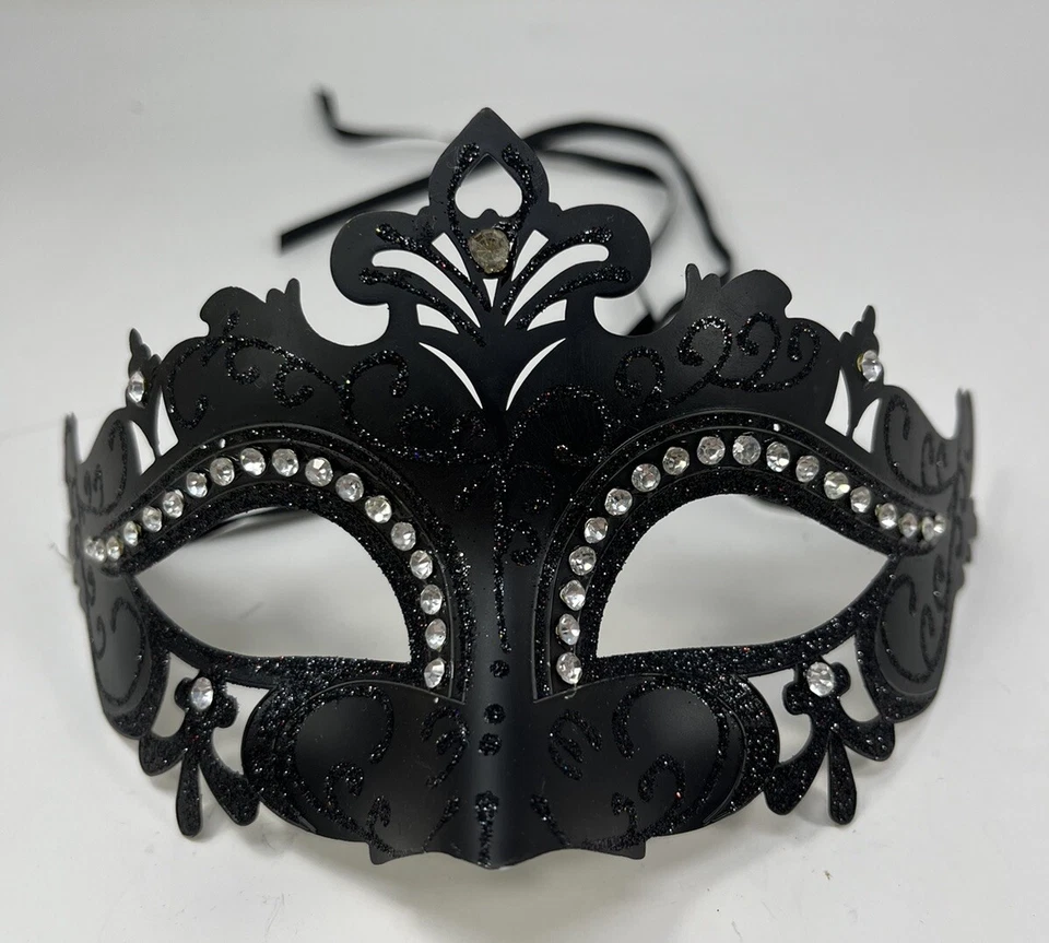 Black Costume Mask Rhinestone Glitter And Ribbon New - Image 1 of 4