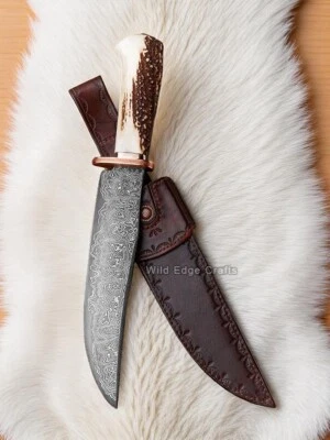 15" Handmade Damascus Steel Blade | Hunting Bowie Knife With Stag Antler Handle - Image 1 of 3
