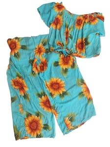 Conjunto de pantalón recortado de girasol mezcla de seda pierna ancha talla XL Beach Resort Festival - Imagen 1 de 5