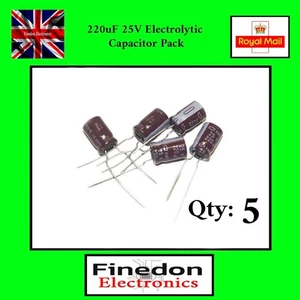 Confezione 5 Condensatori Elettrolitici KME HQ 220uF 25V Alluminio PCB Venditore UK - Foto 1 di 2
