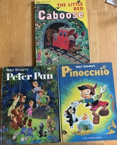 3 Vintage Big Golden Books Peter Pan 1977 Pinocchio 1978 Little Red Caboose HB - Imagen 1 de 4