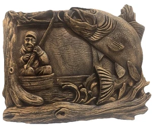 Fisherman Catching Fish 10” X 8” 3D Wall Art Plaque Sign Cabin Lodge Decor - Picture 1 of 6