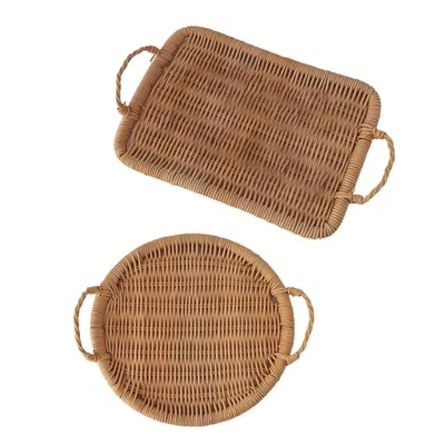 Woven Rattan Fruit Basket Bread Serving Tray with Handles Tea Display Organizer - Image 1 of 4