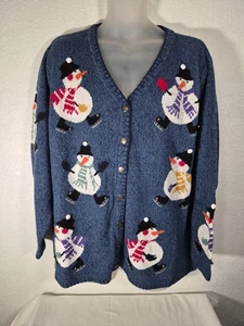 Quacker Factory Blue Button-Up Cardigan Sweater Snowman Ice Skates Size 2X NWT - Picture 1 of 9