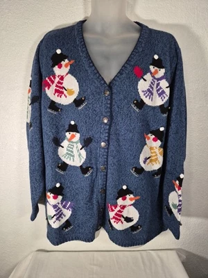 Quacker Factory Blue Button-Up Cardigan Sweater Snowman Ice Skates Size 2X NWT - Image 1 of 4