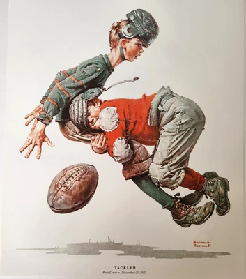 Impresión de libro a doble cara de fútbol americano Norman Rockwell vintage 1990 Foto 1 de 4