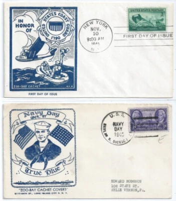 US FDC 936 Coast Guard Nov 10 1945 ZOO BAY /  CZUBAY + 1 Navy Day  1946 Lot of 2 - Image 1 of 4