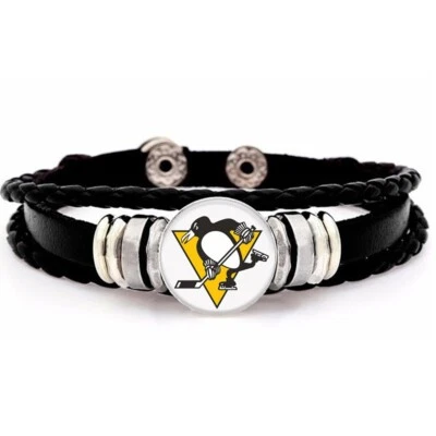 Pittsburgh Penguins Hombre Mujer Cuero Negro Ajuste. Pulsera D14 Foto 1 de 4