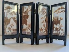 San You Chinese Asian 4 Panel Carved Cork Folding Screen Art Sculpture Small