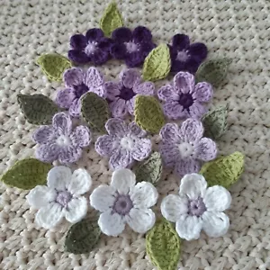 Crochet Flowers & Leaves Lilac Lavender Purple Embellishment Applique Patches - Picture 1 of 13
