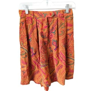 Vintage Size 8 Paisley Paperbag Shorts Orange Pink 100% Silk Pleated Wide Leg - Picture 1 of 7