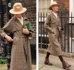 Miss Patina London Holmes Trench Coat One Size Brown Tweed Wool Blend Lined - Picture 1 of 14