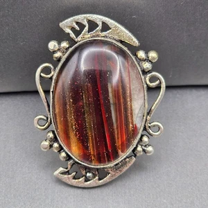 925 Sterling Silver Plated Striped Goldstone Ring Size 8 Bezel Setting Bohemian - Picture 1 of 13