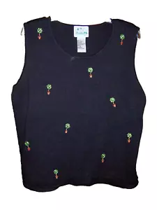 QUACKER FACTORY WOMENS 1X BLACK TANK SHELL TOPIARY PALM TREE BEADED EUC - Picture 1 of 4