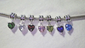 UNBRANDED 925 SILVER BIRTHSTONE ~ LOVE 7 MONTH/COLORS HEART DANGLE EURO CHARM - Picture 1 of 24