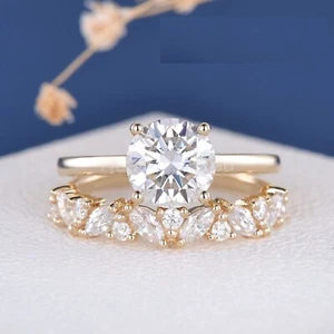 2ct Round Cut Moissanite Cluster Band Solitaire Ring Set 14k Yellow Gold Plated - Picture 1 of 10