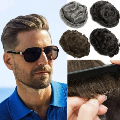 Men 100% Remy Human Hair Toupee Thin Skin PU Hairpiece Replacement System Topper - Image 1 of 4