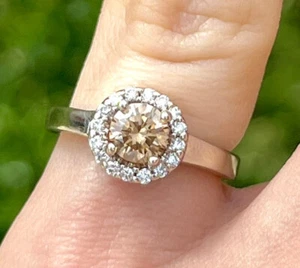14k Solid White Gold Fancy 0.50 Ctw Brown & White Diamonds Halo Engagement Ring - Picture 1 of 11
