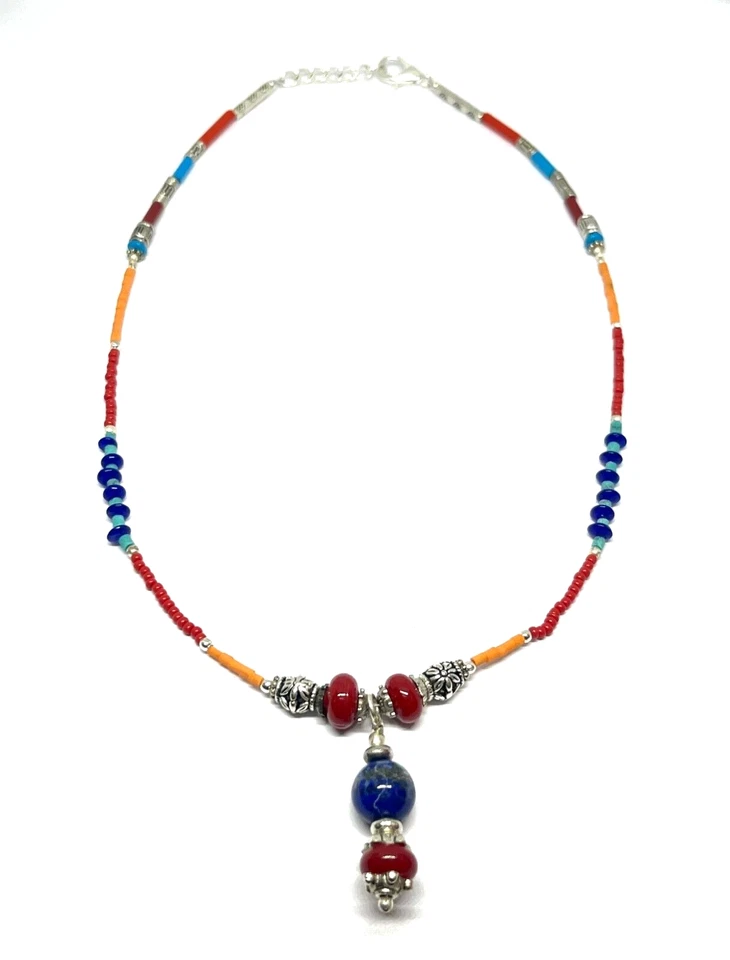 Lapis, Coral Gemstone Tibetan 925 Sterling Silver Necklace Jewelry 18" adjust - Image 1 of 4
