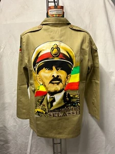 H.I.M HAILE SELASSIE RASTA STYLE ARMY SAND COLOUR JACKET WITH RGG STRIPES - Picture 1 of 2