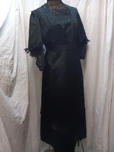 Vintage 1890's Victorian Black Satin Cotton Glass Beads Dress Size Medium - Picture 1 of 12