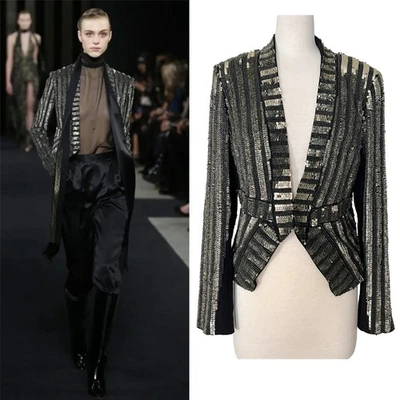 J. Mendel 2015 FW Sequin Stripe Silk-Lined Blazer Jacket Black Size 8 - Image 1 of 4