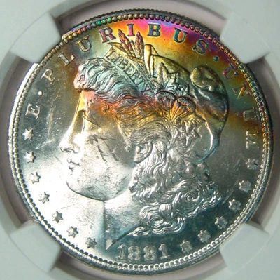 1881-S TONED MORGAN SILVER DOLLAR NGC MS64*STAR W/COLORFUL OBVERSE TONING* - Image 1 of 4