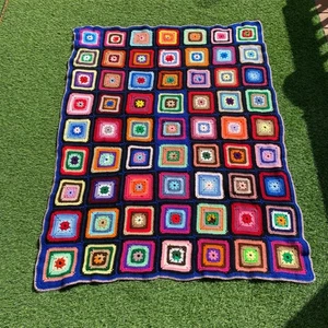 Colorful Crochet Granny Square Blanket 45"x 60" Throw Afghan Boho Handmade Knit - Picture 1 of 8
