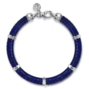 Sterling Silver 8" 6mm Lapis Cylinder Beaded Bracelet - Picture 1 of 3