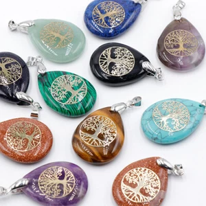 Tree of Life Necklace Germstone Chakra Teardrop Pendant Healing Crystal - Picture 1 of 16