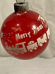 Vtg 2" WWII Red Unsilvered Ornament w White Stencil Merry Xmas Train Drum Scene - Picture 1 of 5