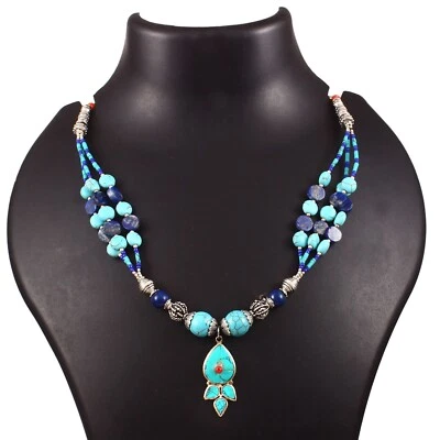 Turquoise, Lapis Gemstone Tibetan 925 Sterling Silver Necklace Jewelry 18 inch - Image 1 of 4