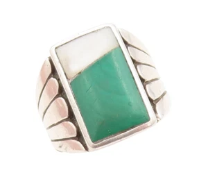 925 Sterling Silver Vintage Ring NAVAJO ZUNI Malachite & Gemstone  Sz 10 RG31559 - Picture 1 of 7