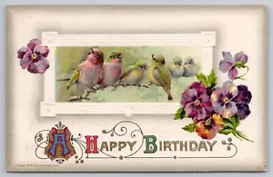 1910 signierte John Winsch Happy Birthday Postkarte, Singvögel Stiefmütterchen Finken Vögel - Bild 1 von 6