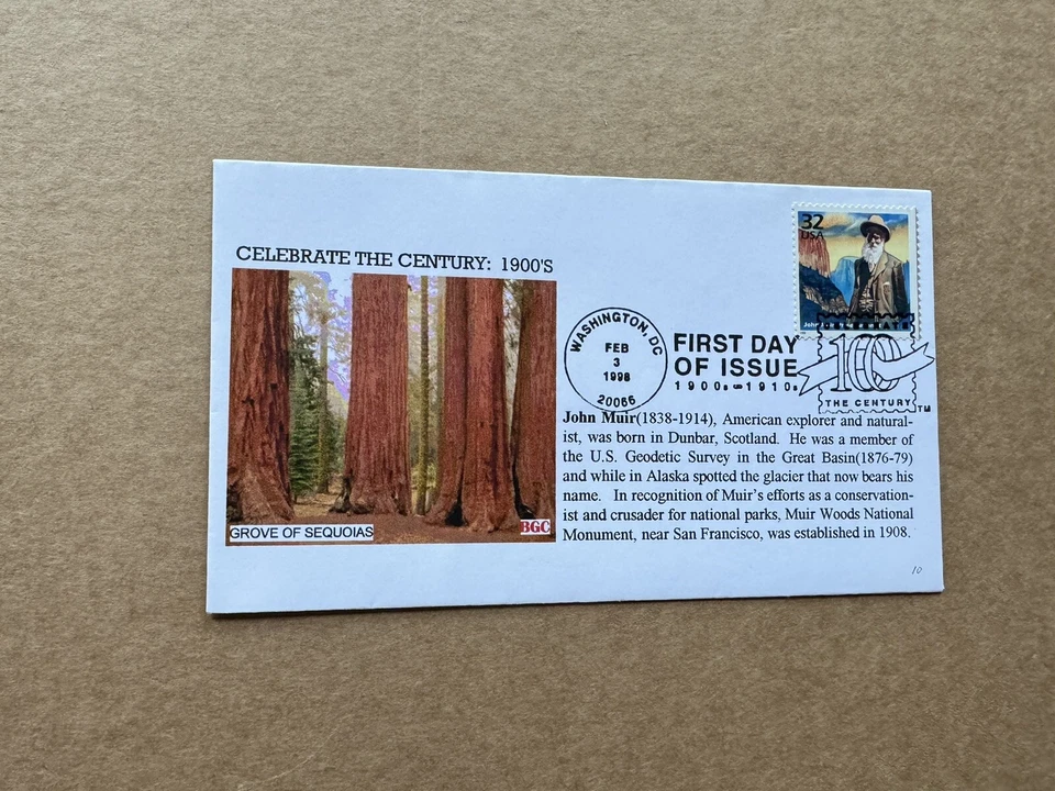 US Celebrate Century FDC#3182(1900-10) Dr John Muir=Naturalist+Great Red Sequoia - Image 1 of 1
