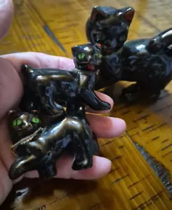 Vintage schwarze Katze Familie Figuren rote Ware Japan Mama & 2 Kätzchen - Bild 1 von 12