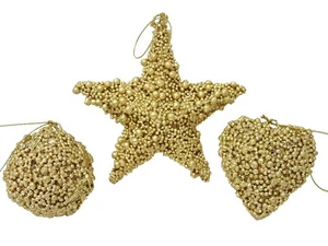 (01785-33931) SET OF 3 GOLD CHRISTMAS ORNAMENT PENDANTS STAR HEART BALL LARGE - Picture 1 of 1