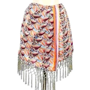 Anthropologie Wrap Mini Skirt Tassel Fringe Trim Geometric Multicolor XS NWT - Picture 1 of 10