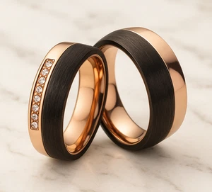 Eheringe Partnerringe Verlobungsringe Trauring rosé Titan Carbon  mit  Gravur - Bild 1 von 11