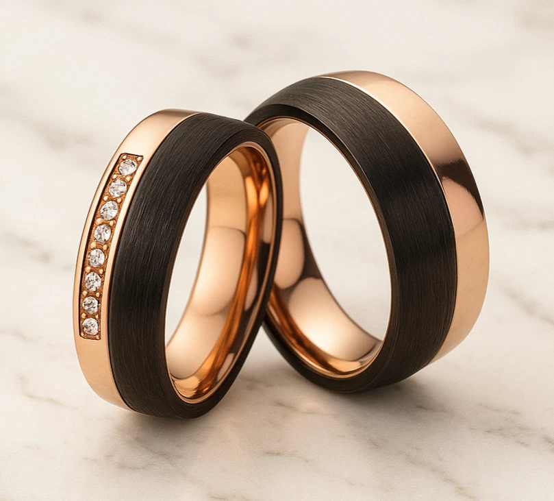 Eheringe Partnerringe Verlobungsringe Trauring rosé Titan Carbon  mit  Gravur - Bild 1 von 4