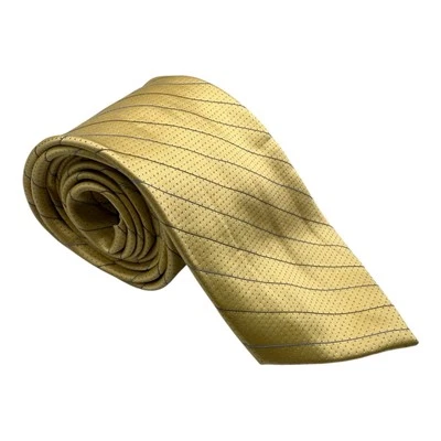 Gravata amarela com listras e pontos azuis e pretos Claiborne 100% seda 3,5 de largura verão - Imagem 1 de 4