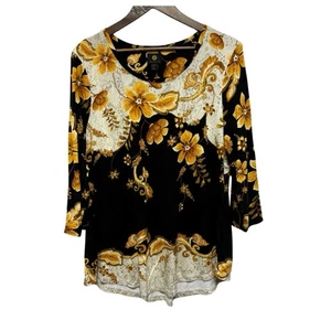 JM Collection Tunic Womens XL Black Gold Floral Stretch Knit 3/4 Sleeve Top - Picture 1 of 11