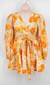 Vestido envolvente estampado floral Mille Nan talla M algodón amarillo naranja manga larga - Imagen 1 de 12