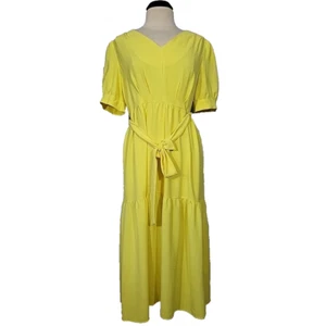 DKNY Womens Maxi Dress Yellow Puff Short Sleeves Tie at Waist size 12 - Picture 1 of 12