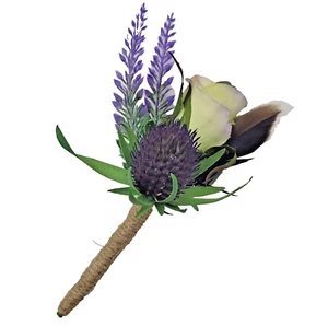 Buttonhole - Purple Thistle with Lavender, Mauve Rose & Feather for Groom - Picture 1 of 5