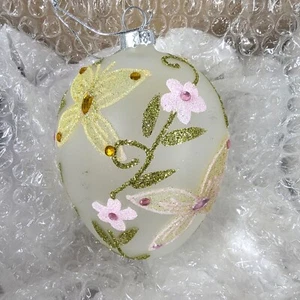 Ornamento uovo vetro smerigliato farfalla fiore glitter gioielli 4,5 pollici rosa verde - Foto 1 di 5