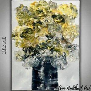 Oil Painting Abstract Flowers Modern Vase Yellow Black White Canvas 18 by 24 AMA - Picture 1 of 14