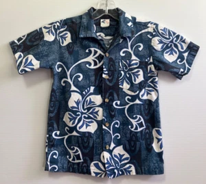 Vintage Nui Nalu Hawaii Boys Blue Barkcloth Polynesian Print Aloha Shirt Size 10 - Picture 1 of 4